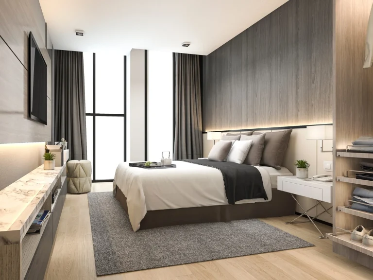 Rendu 3d d'une chambre à coucher moderne et luxueuse dans un hôtel, avec garde-robe et placard.