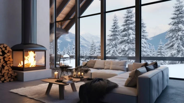 Intérieur d'un salon d'hiver moderne et confortable. Maison confortable dans les montagnes