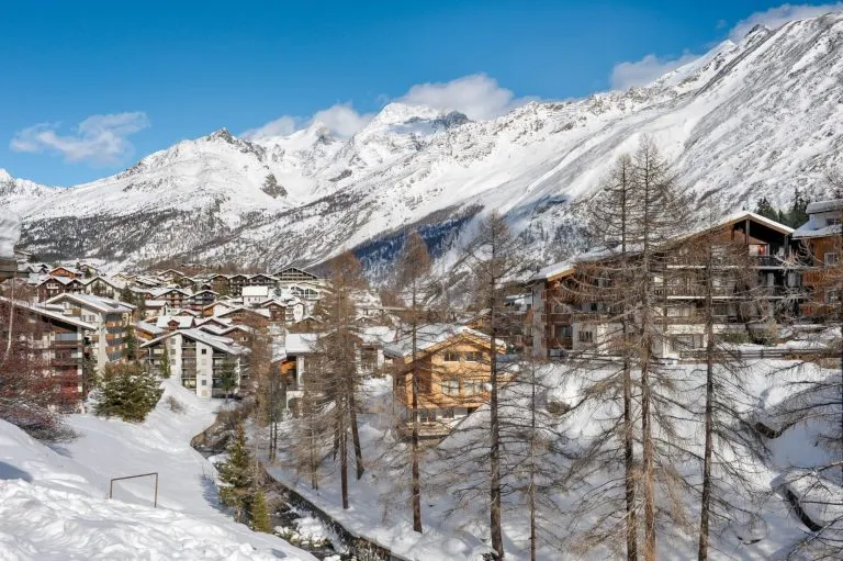 Winter landscape of Saas-Fee ski resort, Switzerland.