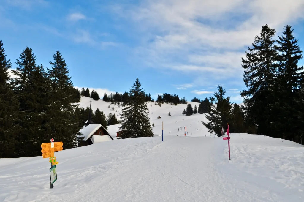 Skigebiet im Brunnital / Holzegg und Rotenflueh
Skipiste im Winter unterhalb der Berge grosser und kleiner Mythen, Mythenregion - Schweiz