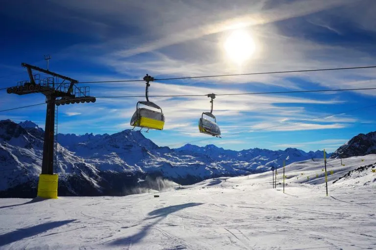 amazing beautiful view of Saint Moritz ski resort in Switzerland with cable chairlift transport